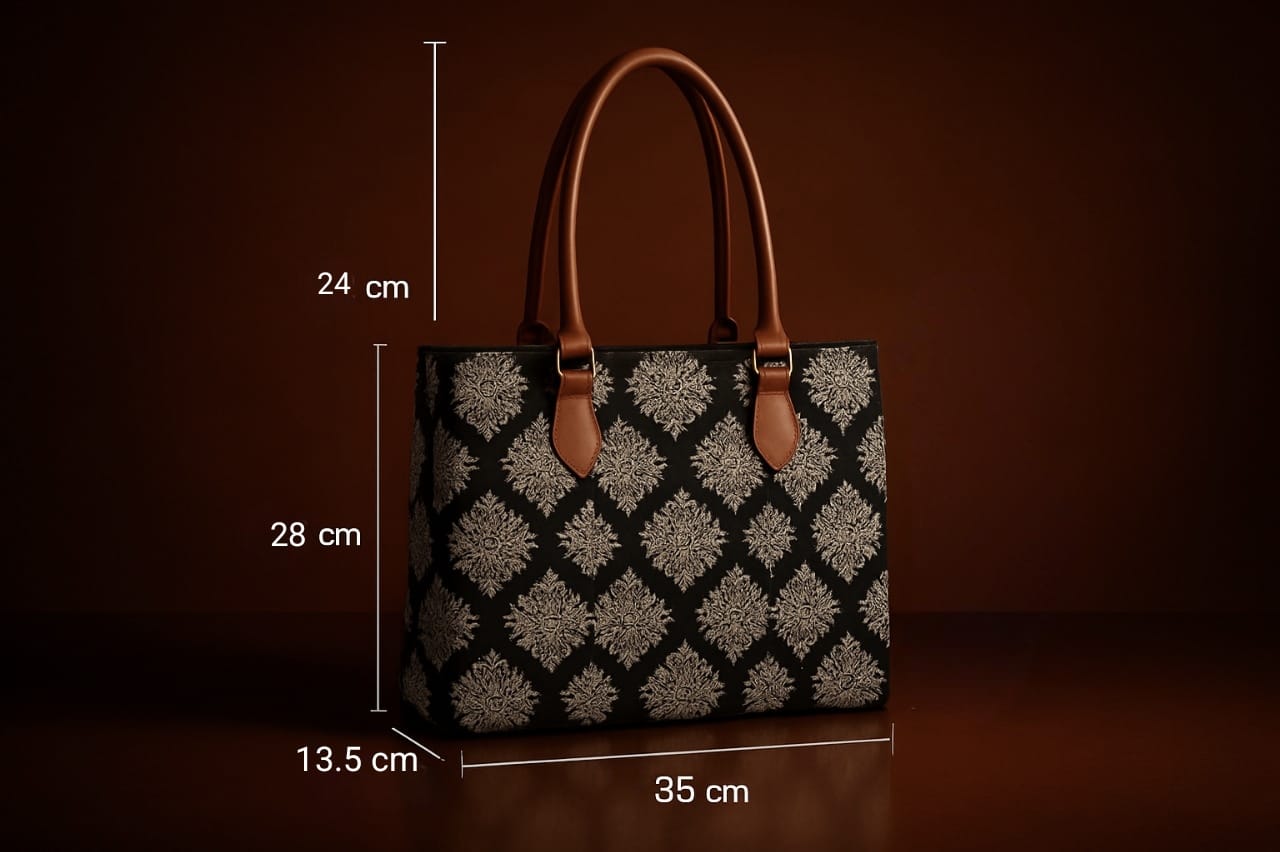 Veera Kalamkari Jacquard Canvas Tote with Real Leather Handles — Stylish Printed Women’s Handbag, Spacious Daily Carry (16x12x4 in), Zip Pocket, Dimension