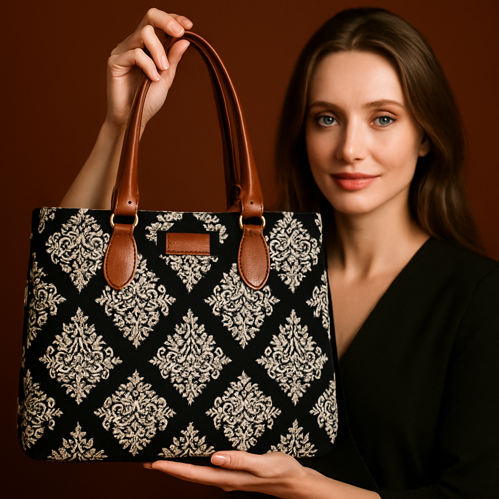 Veera Kalamkari Jacquard Canvas Tote with Real Leather Handles — Stylish Printed Women’s Handbag, Spacious Daily Carry (16x12x4 in), Zip Pocket, Model
