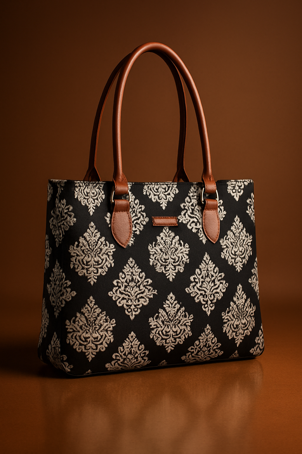 Veera Kalamkari Jacquard Canvas Tote with Real Leather Handles — Stylish Printed Women’s Handbag, Spacious Daily Carry (16x12x4 in), Zip Pocket, Front